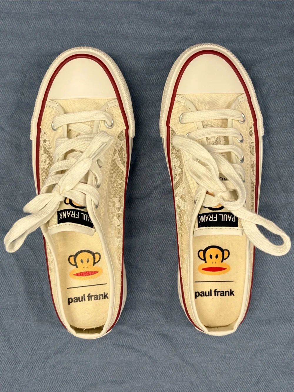 Y2K Paul Frank Kids Off White Canvas Slip On Sneakers with Red Stripe